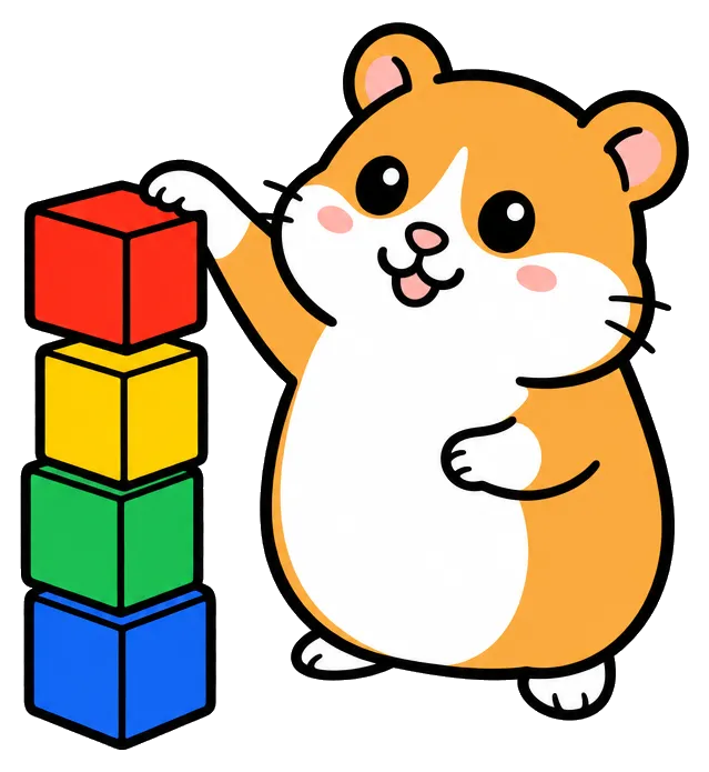 Hamster stacking colorful cubes into a neat tower