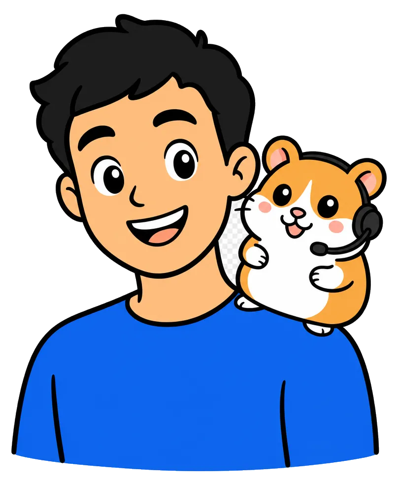 The Nibfy hamster wearing a headset, perched on a smiling teammate’s shoulder